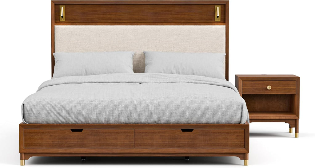 Furniture of America Forma Mid-Century Modern Solid Wood 2-Piece Bedroom Collection, Storage Bed Frame with LED Reading Light and Nightstand with Power Ports, No Box Spring Needed, Walnut, Queen