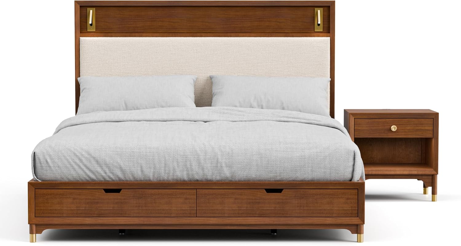 Furniture of America Forma Mid-Century Modern Solid Wood 2-Piece Bedroom Collection, Storage Bed Frame with LED Reading Light and Nightstand with Power Ports, No Box Spring Needed, Walnut, King