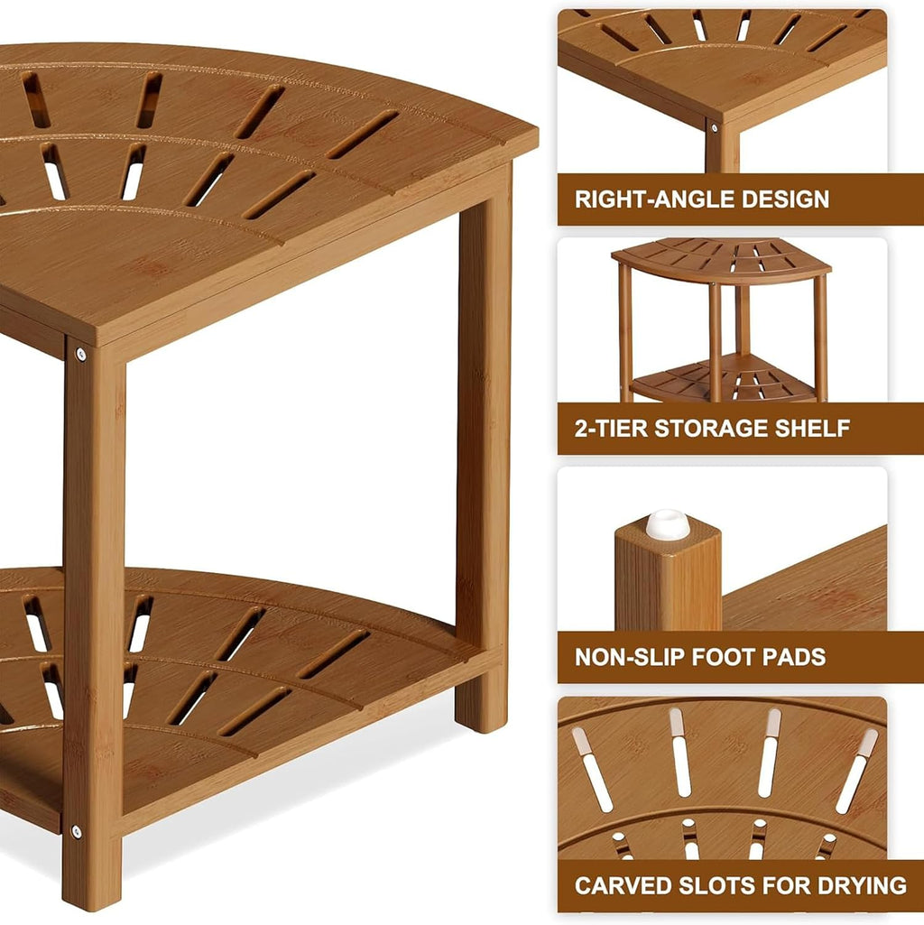Bamboo Shower Bench with Storage Shelf Waterproof Corner Shower Stool for Shaving Legs Compact Size (15 * 13in)