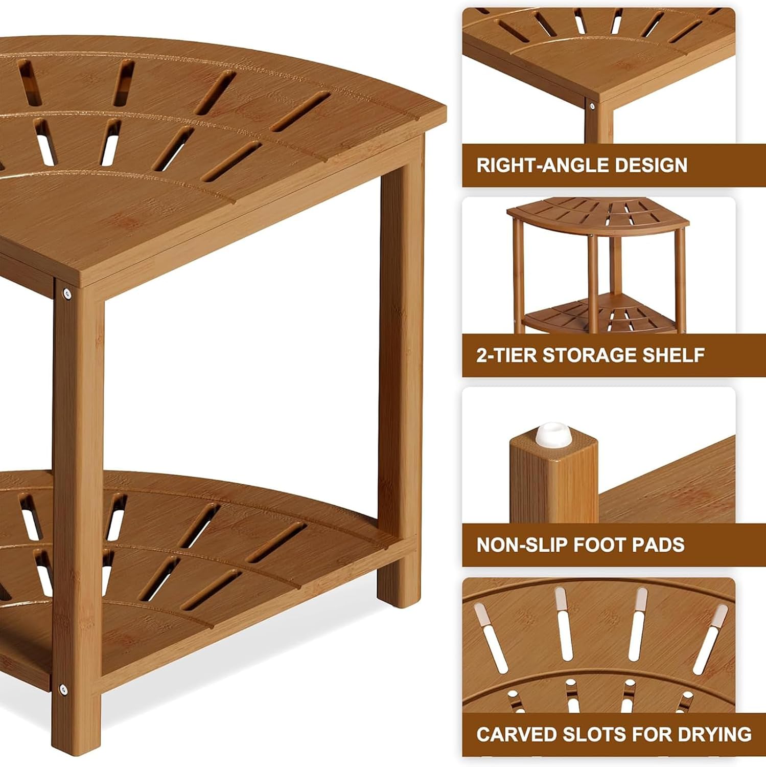 Bamboo Shower Bench with Storage Shelf Waterproof Corner Shower Stool for Shaving Legs Compact Size (15 * 13in)