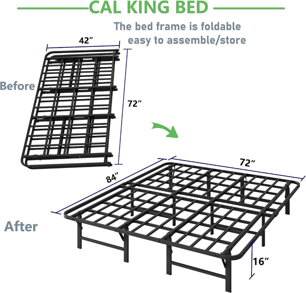 ZIYOO Heavy Duty California King Folding Bed Frames 16' High Mattress Foundation, Metal Platform Cal King Bed Frame, No Box Spring Needed, Easy Assembly, Noise Free-Black