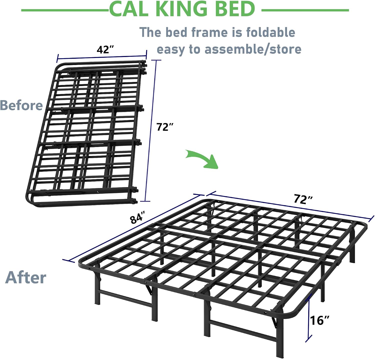 ZIYOO Heavy Duty California King Folding Bed Frames 16' High Mattress Foundation, Metal Platform Cal King Bed Frame, No Box Spring Needed, Easy Assembly, Noise Free-Black