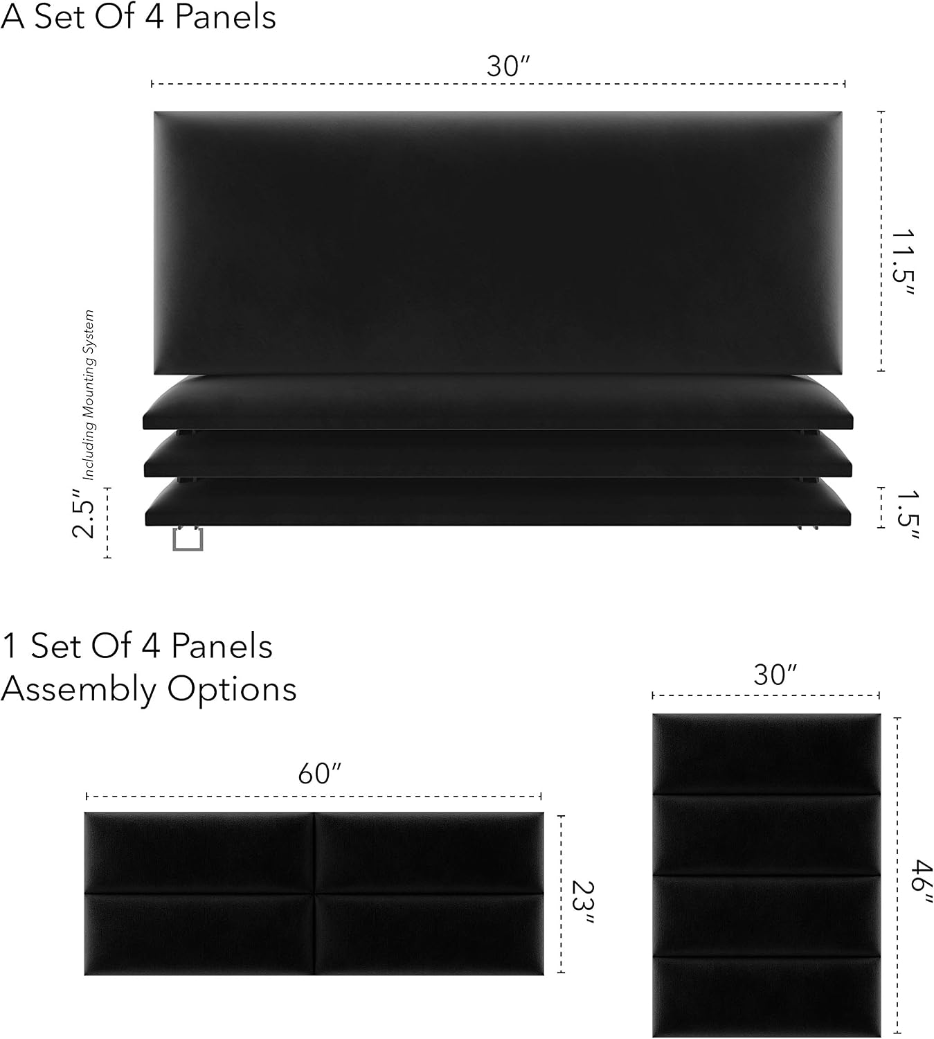 Vänt Upholstered Wall Panels - Queen/Full Size Wall Mounted Velvet Headboards - Velvet Black - Set of 4 Panels (Each Individual Panel 30'x11.5')