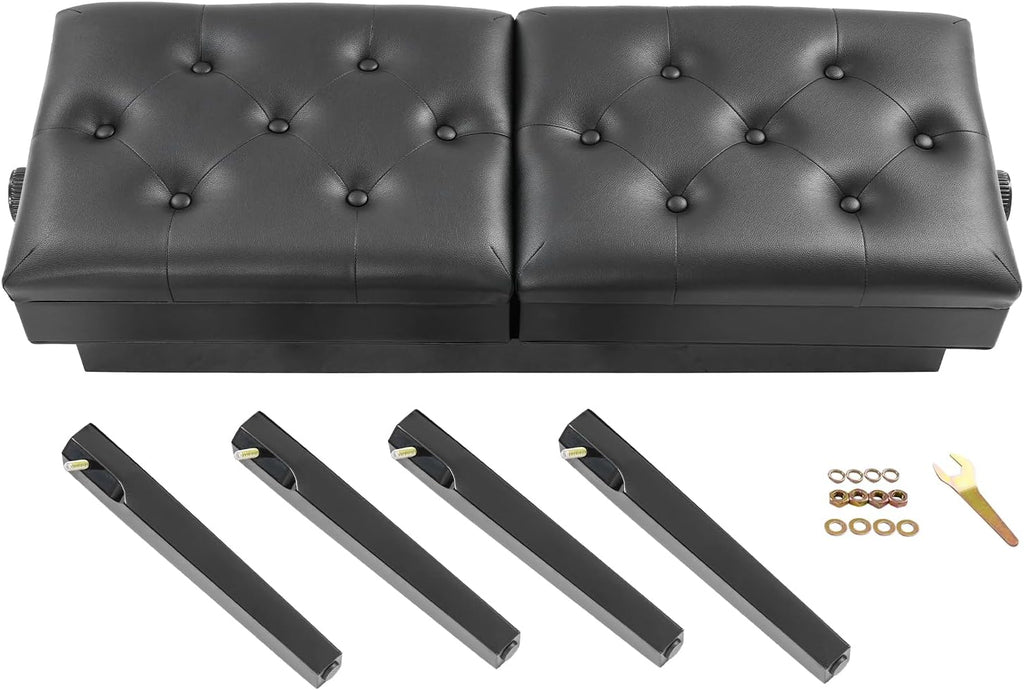 AngelcityCC Longer Duet Piano Bench with Storage, Adjustable Height Double Keyboard Piano Bench Seat with PU Leather Cushion