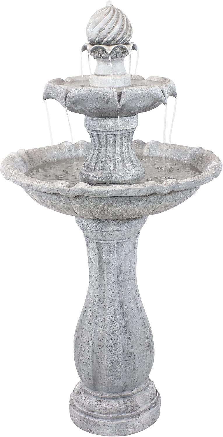 Sunnydaze 45-Inch 2-Tier Arcade Outdoor Solar Water Fountain - Outdoor Water Feature with LED Light for Garden, Patio, Yard or Balcony - White