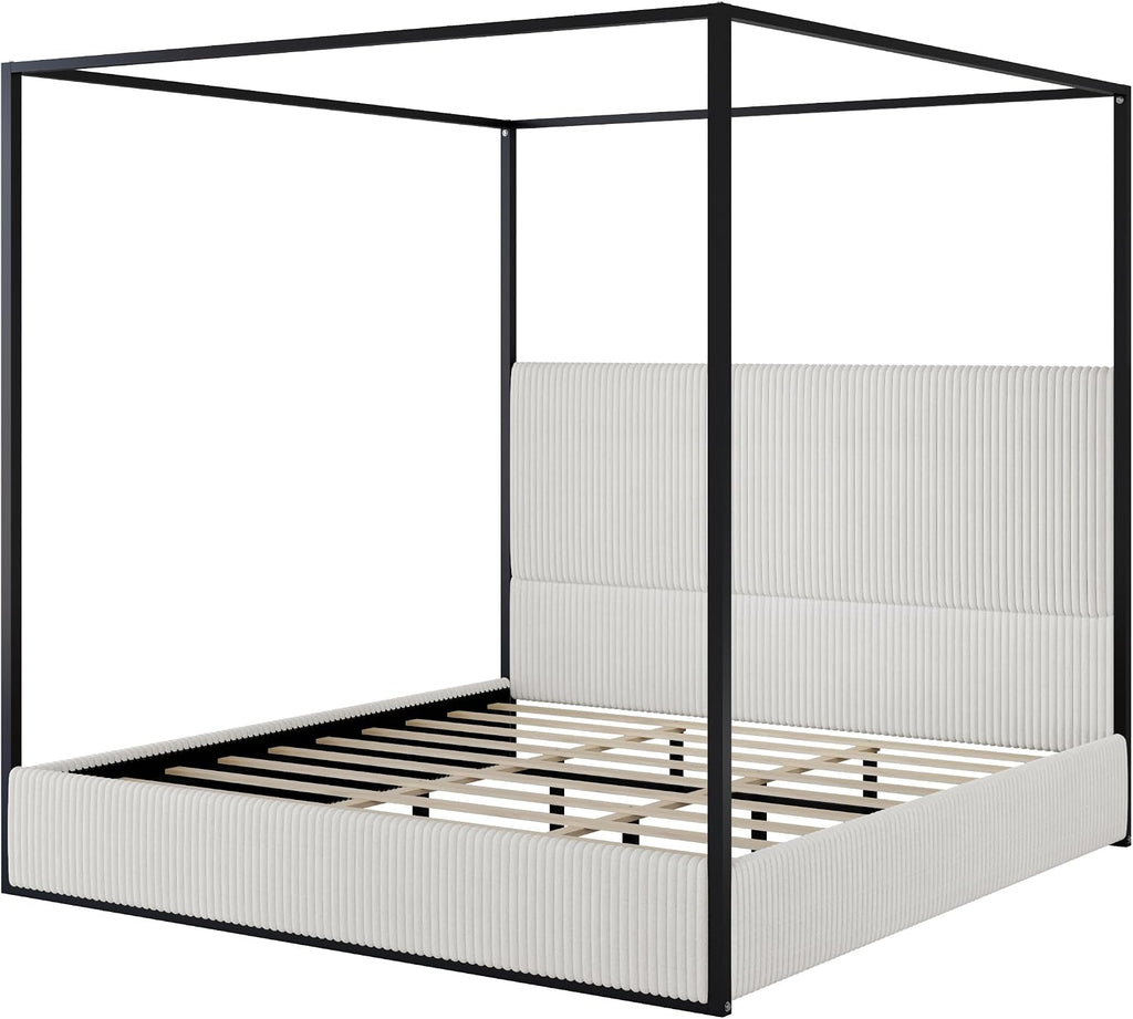 LUMISOL King Size Canopy Bed Frame, Metal 4 Poster Bed with Tall Upholstered Headboard, Corduroy Upholstered Canopy Platform Bed, No Box Spring Needed, Black + White