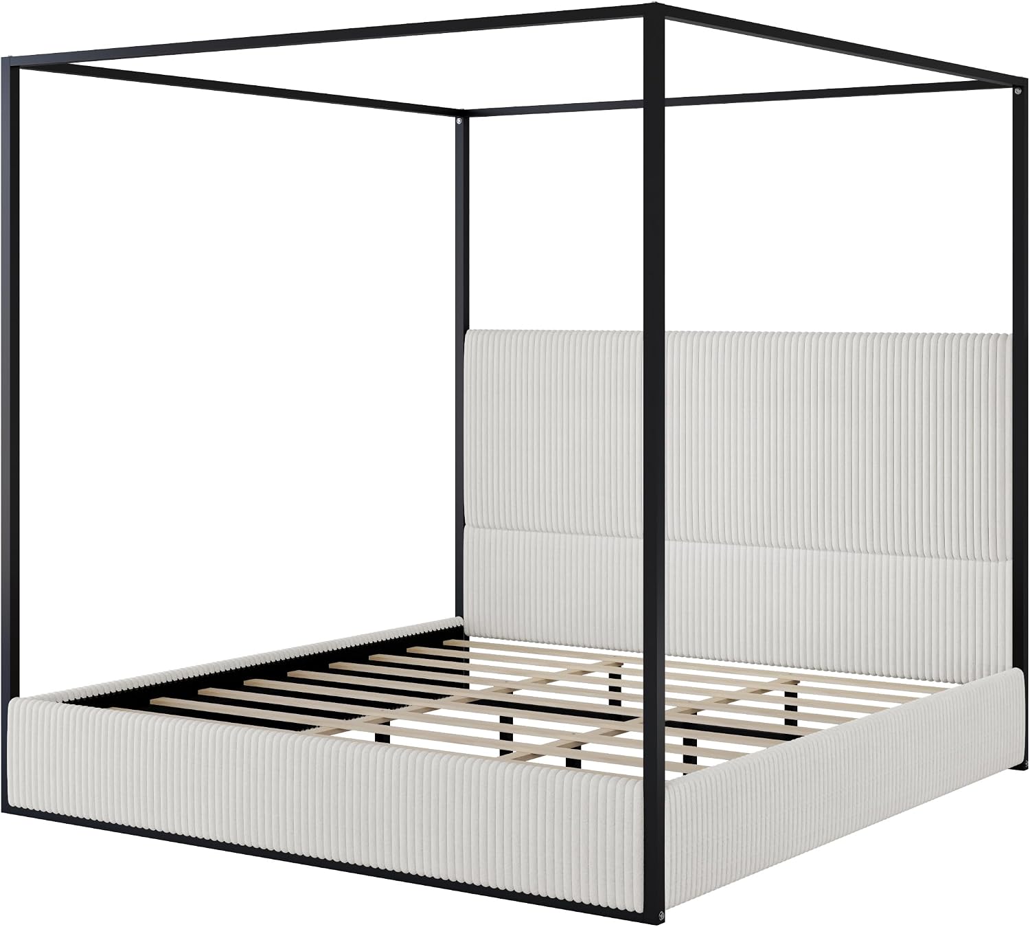 LUMISOL King Size Canopy Bed Frame, Metal 4 Poster Bed with Tall Upholstered Headboard, Corduroy Upholstered Canopy Platform Bed, No Box Spring Needed, Black + White