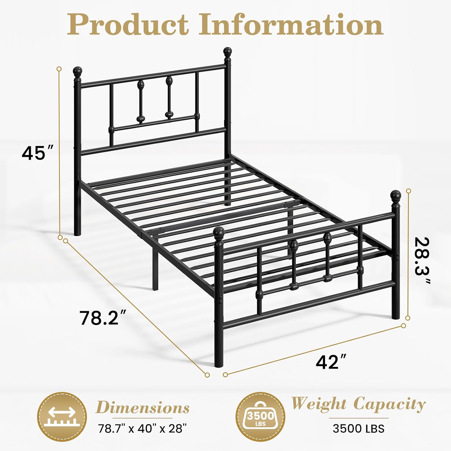 LEVELEVE 14 Inch Twin Size Victorian Vintage Metal Platform Bed Frame with Headboard and Footboard, Underbed Storage, No Box Spring Needed, Easy Assembly, Black