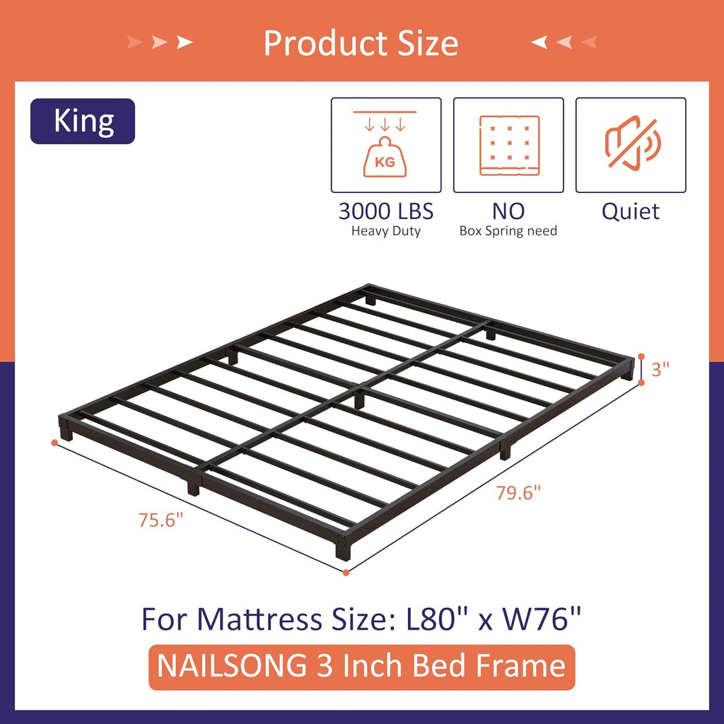 Nailsong 3 Inch Bed Frame King Size Low Profile, King Bed Frame No Box Spring Needed, Heavy Duty Metal, Easy Assembly, Black