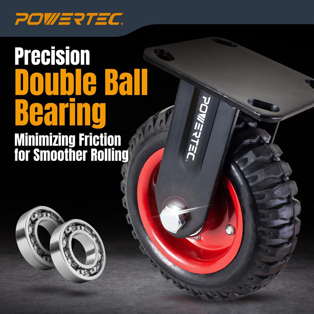 POWERTEC 6 Inch Caster Wheels Set of 8, Heavy Duty Fixed Plate Casters with Rubber Knobby Tread for Workbench, Dolly, Cart, Trolley, Wagon, Toolbox and Chicken Coop, Large Castor Wheels (17052-P8)