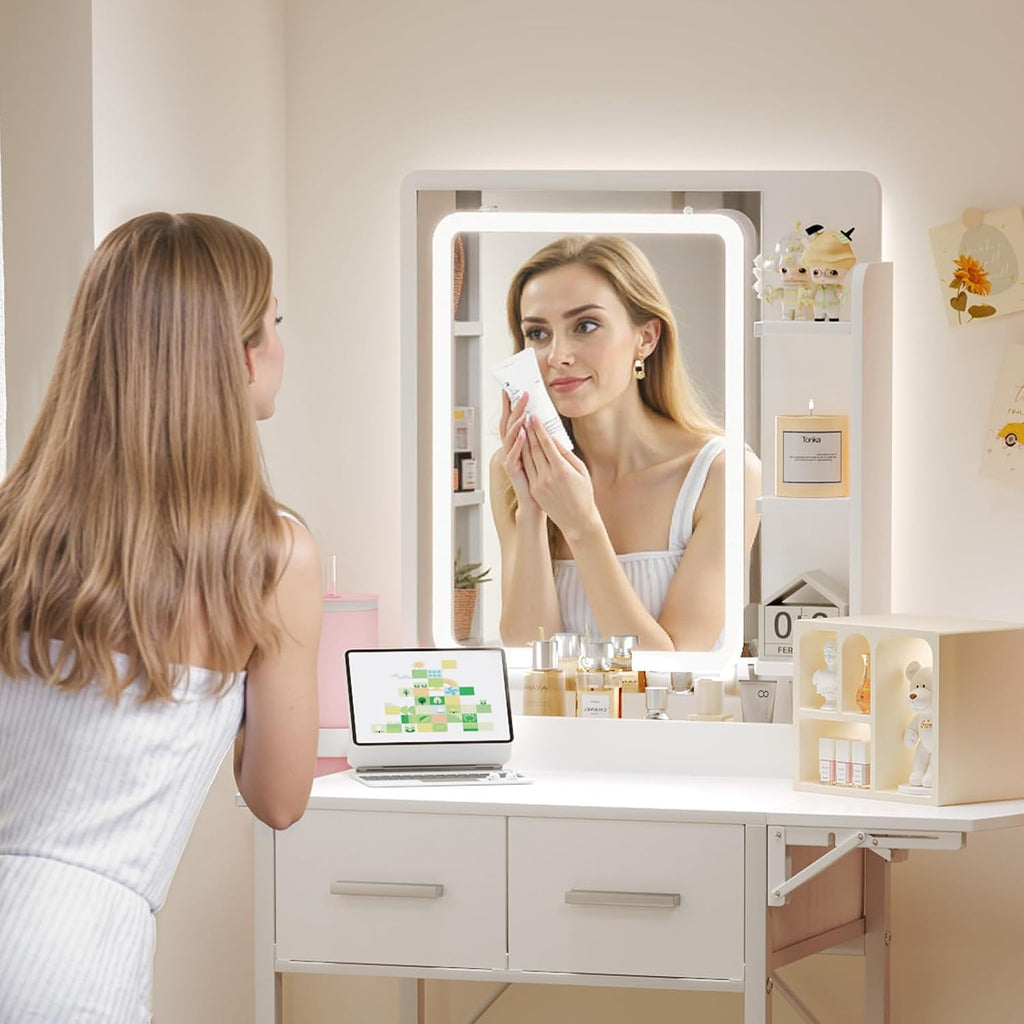 Small Vanity Desk for Compact Space: Mini Makeup Table Set for Bedroom - Tiny White Vanity with Mirror for Girls