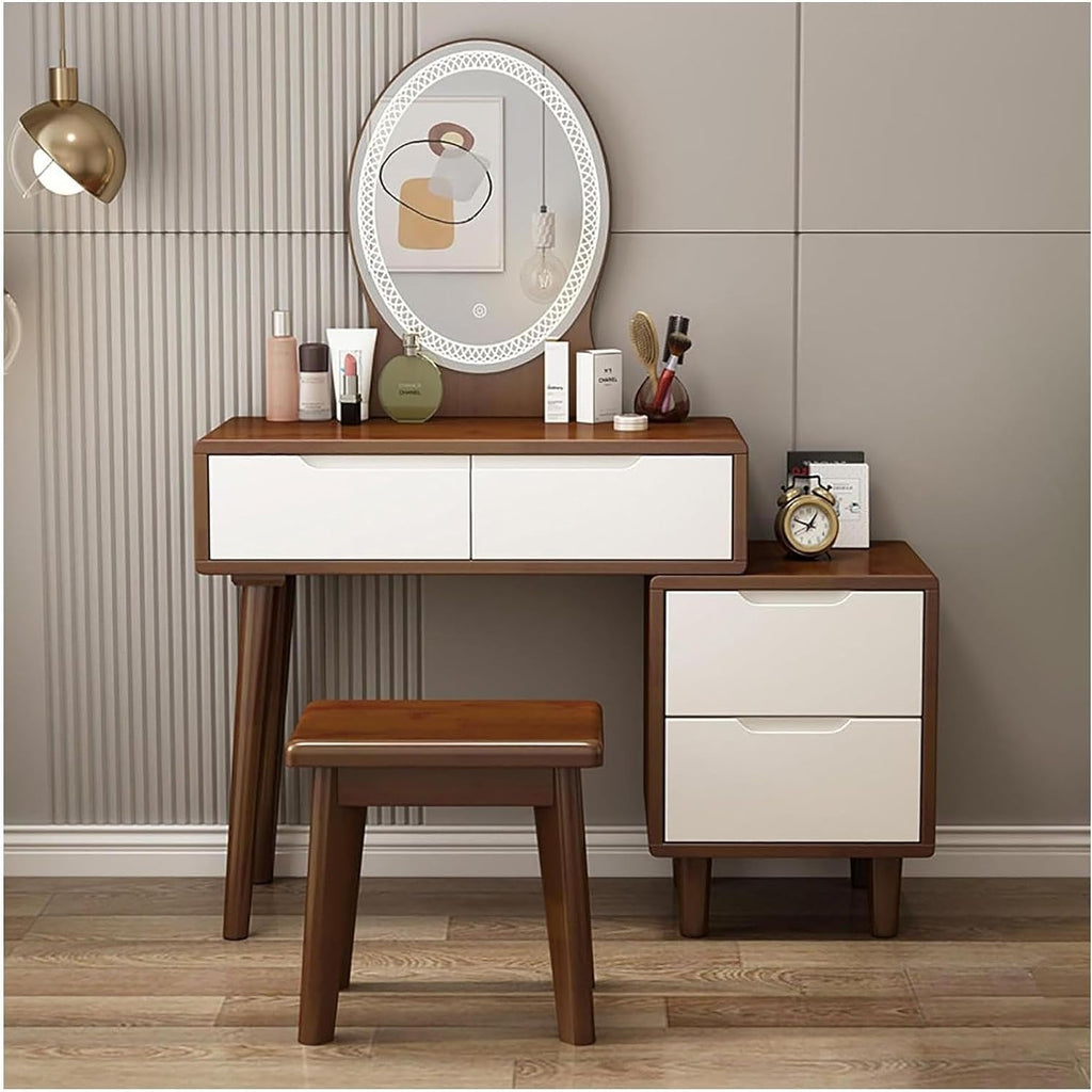 Rieort Vanity Desk MDF Vanity Benches with Adjustable Lights Mirror Makeup Table 4 Drawers Vanity Table Set Luxury Dressing Table