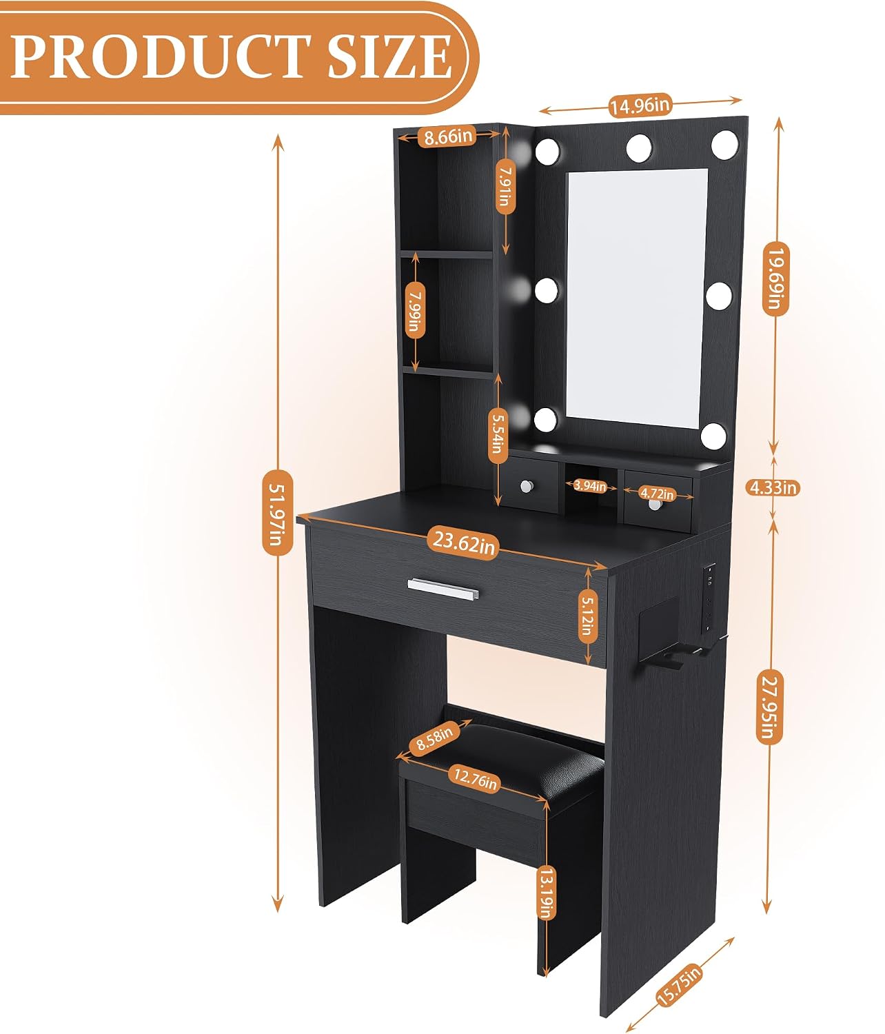 Runboll Small Vanity Desk with Mirror and Lights, Compact Makeup Vanity with Power Strip & Hairdryer Holder, Dressing Table Set with Stool, Drawers & Shelves