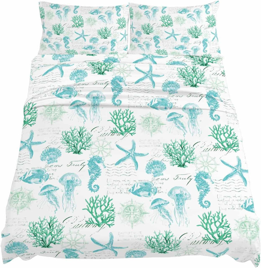 Green Aqua Coastal Cal King Sheet Set 4 Piece Bedding - Nautical Jellyfish Seashells Starfish Breathable Comfy Cooling Bed Sheets & Pillowcase Sets,Hotel Luxury Flat Sheets Deep Pockets Fitted Sheet