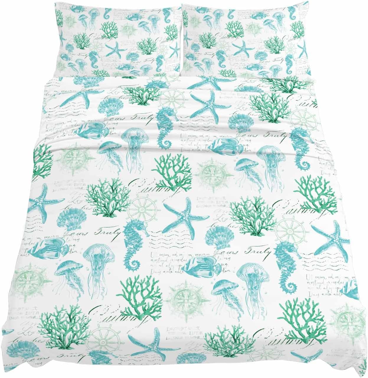 Green Aqua Coastal Cal King Sheet Set 4 Piece Bedding - Nautical Jellyfish Seashells Starfish Breathable Comfy Cooling Bed Sheets & Pillowcase Sets,Hotel Luxury Flat Sheets Deep Pockets Fitted Sheet