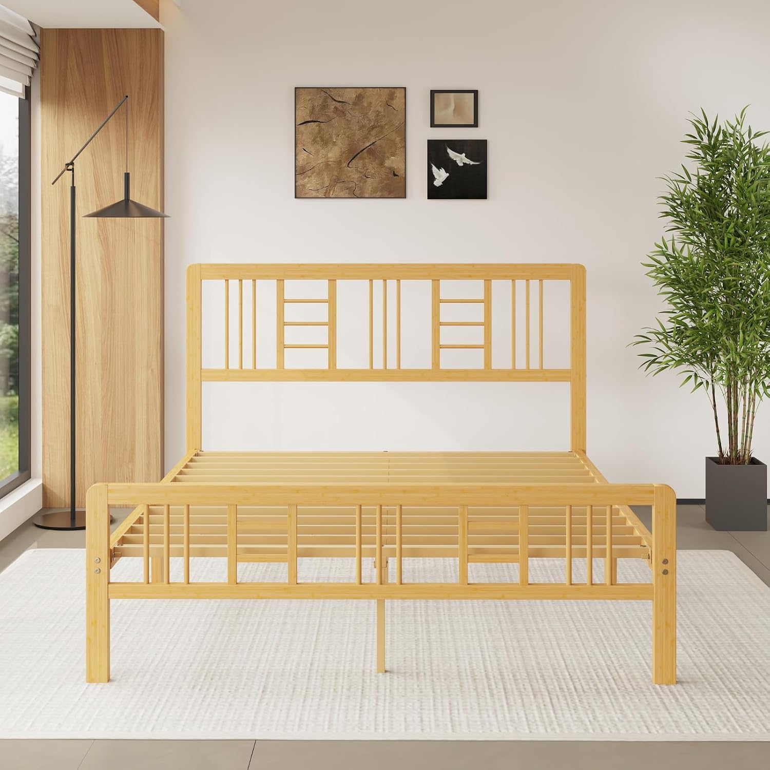 14 Inch Bamboo Wood Queen Size Platform Bed Frame with Headboard and Footboard, Metal Slat Support Bed Frame Queen Size Heavy Duty, No Box Spring Needed, Easy Assembly, Noise Free, Reinforced
