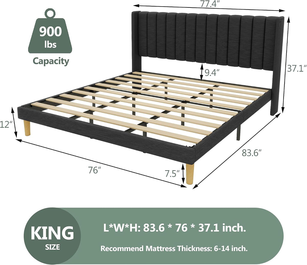 alazyhome Platform Bed Frame King Size with Upholstered Headboard, Solid Wood Slats Support, No Box Spring Needed, Noise Free, Easy Assembly, Modern Fabric Bed, Black