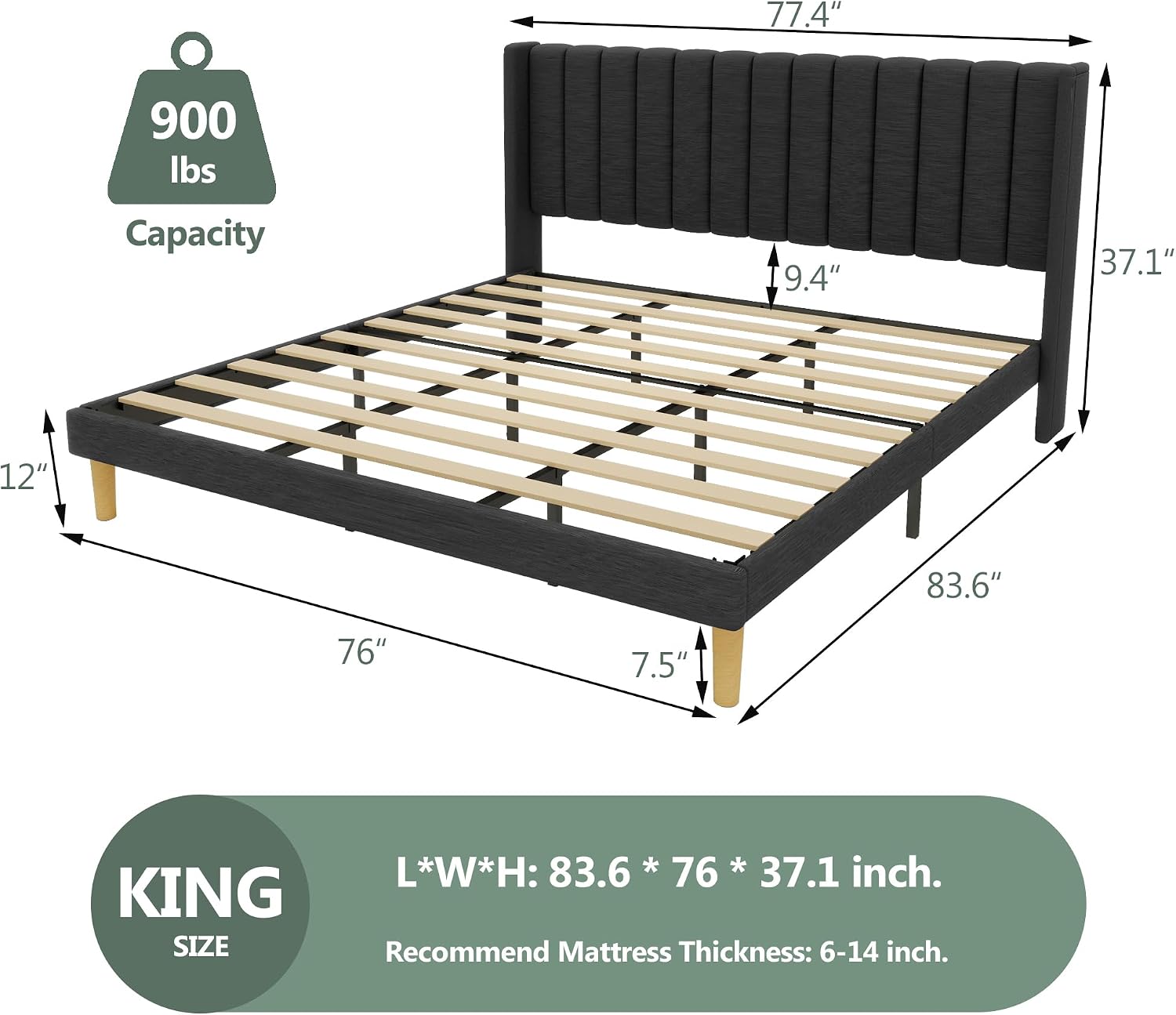 alazyhome Platform Bed Frame King Size with Upholstered Headboard, Solid Wood Slats Support, No Box Spring Needed, Noise Free, Easy Assembly, Modern Fabric Bed, Black