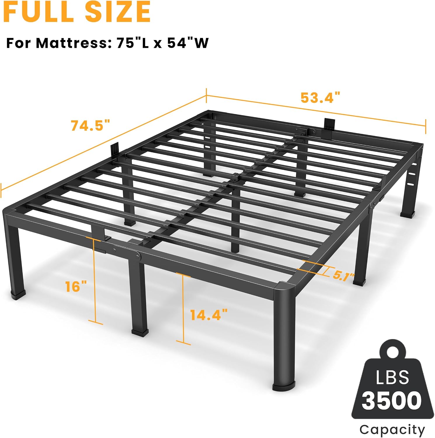 Superay 16 Inch Full Size Metal Platform Bed Frame with Round Corners, Storage Space Under High Bed Frame-Heavy Duty Steel Slats Support, Noise Free - Easy Assembly - No Box Spring Needed