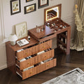 60'' Vanity Desk with Flip-Top Mirror & LED Lights, Convertible L-Shaped Makeup Vanity Table with 6 Drawers, Shelves & Storage Compartments, Modern Corner Dressing Table for Bedroom,Walnut