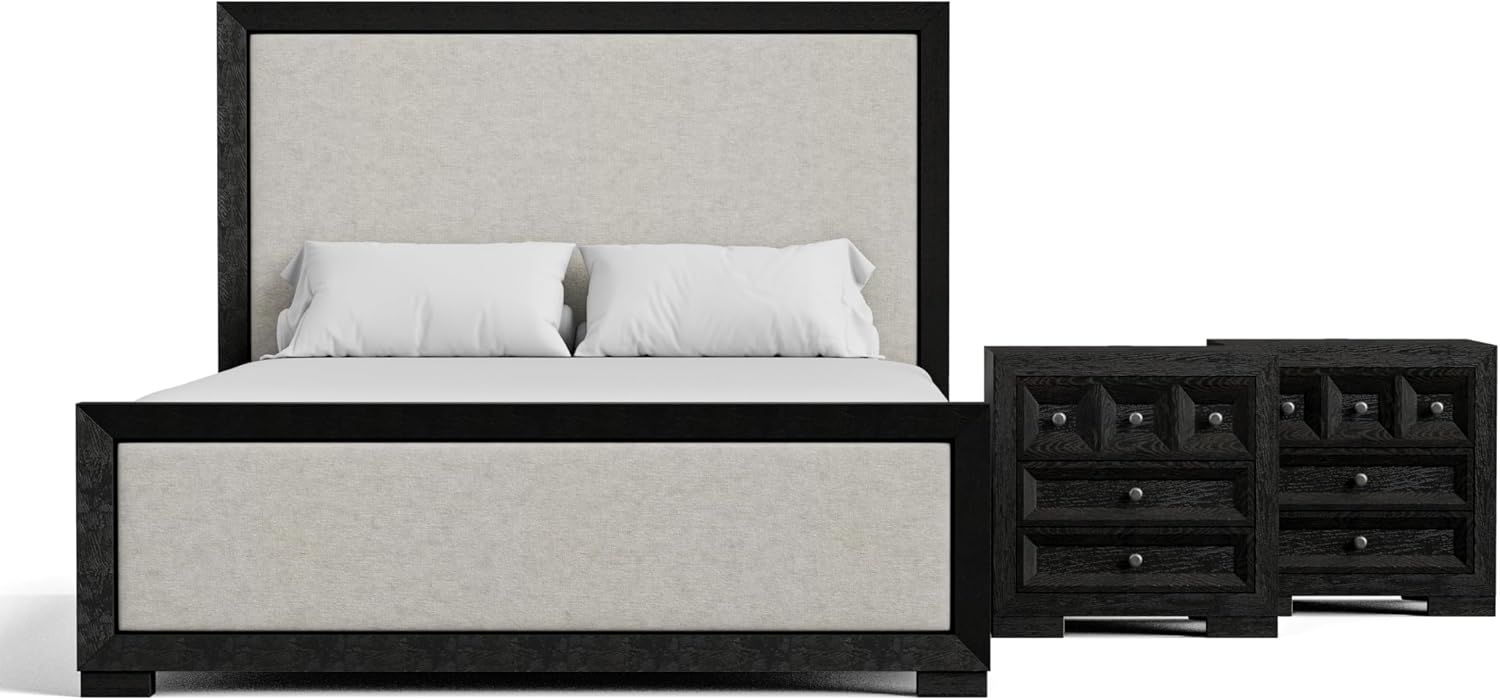 Furniture of America Dannen Modern Solid Wood 3-Piece Bedroom Set with Panel Bed, USB Charger and Felt-Lined Top Drawers on Nightstand, Box Spring Needed, King, Weathered Black