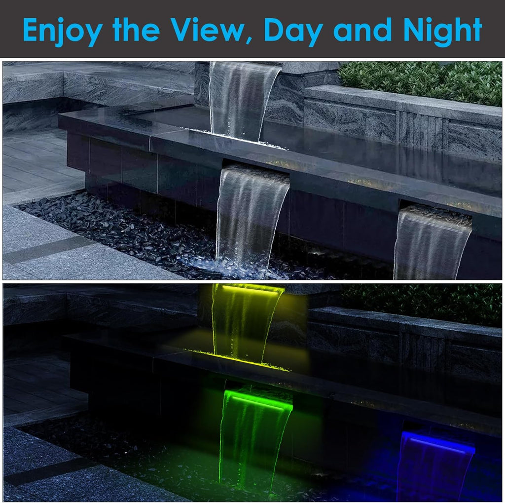 AquaMiracle All-in-1 Pond Waterfall Kit with LED Lights, 18' Stainless Steel Spillway with 800GPH Water Pump, Lighted Waterfall Fountain Outdoor for Water Garden, Backyard, Pool