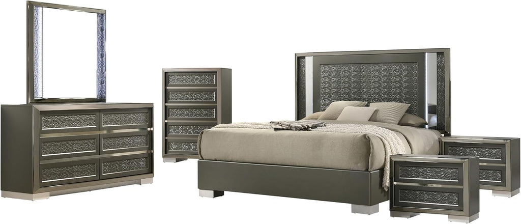 Furniture of America Uself Modern Solid Wood 6-Piece Bedroom Set with LED on Headboard and Mirror, Silver Bracketed Feet, Leaf Pattern Molding, No Box Spring Needed, King, Dark Gray