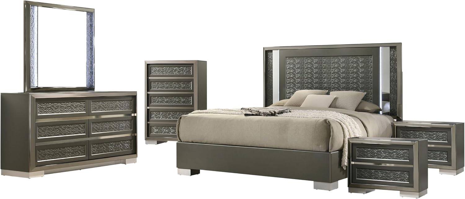 Furniture of America Uself Modern Solid Wood 6-Piece Bedroom Set with LED on Headboard and Mirror, Silver Bracketed Feet, Leaf Pattern Molding, No Box Spring Needed, King, Dark Gray