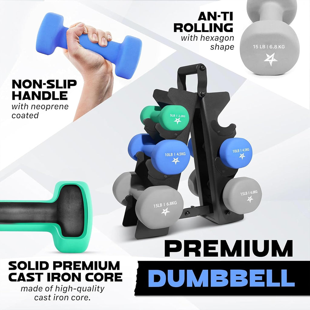 Yes4All Neoprene Coated Dumbbell Hand Weight Sets of 2 - Multiple Weight Options with 15 Colors, Anti-roll, Anti-Slip, Hexagon Shape