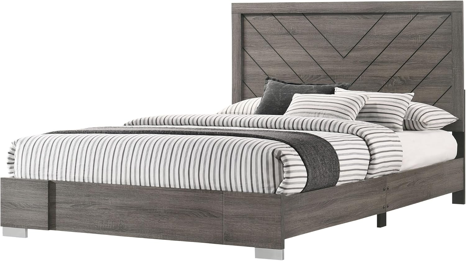 Kings Brand Furniture 3-Piece Oak Gray with Chrome Legs Bedroom Set - Wood Bed Frame with 2 Nightstands (King)