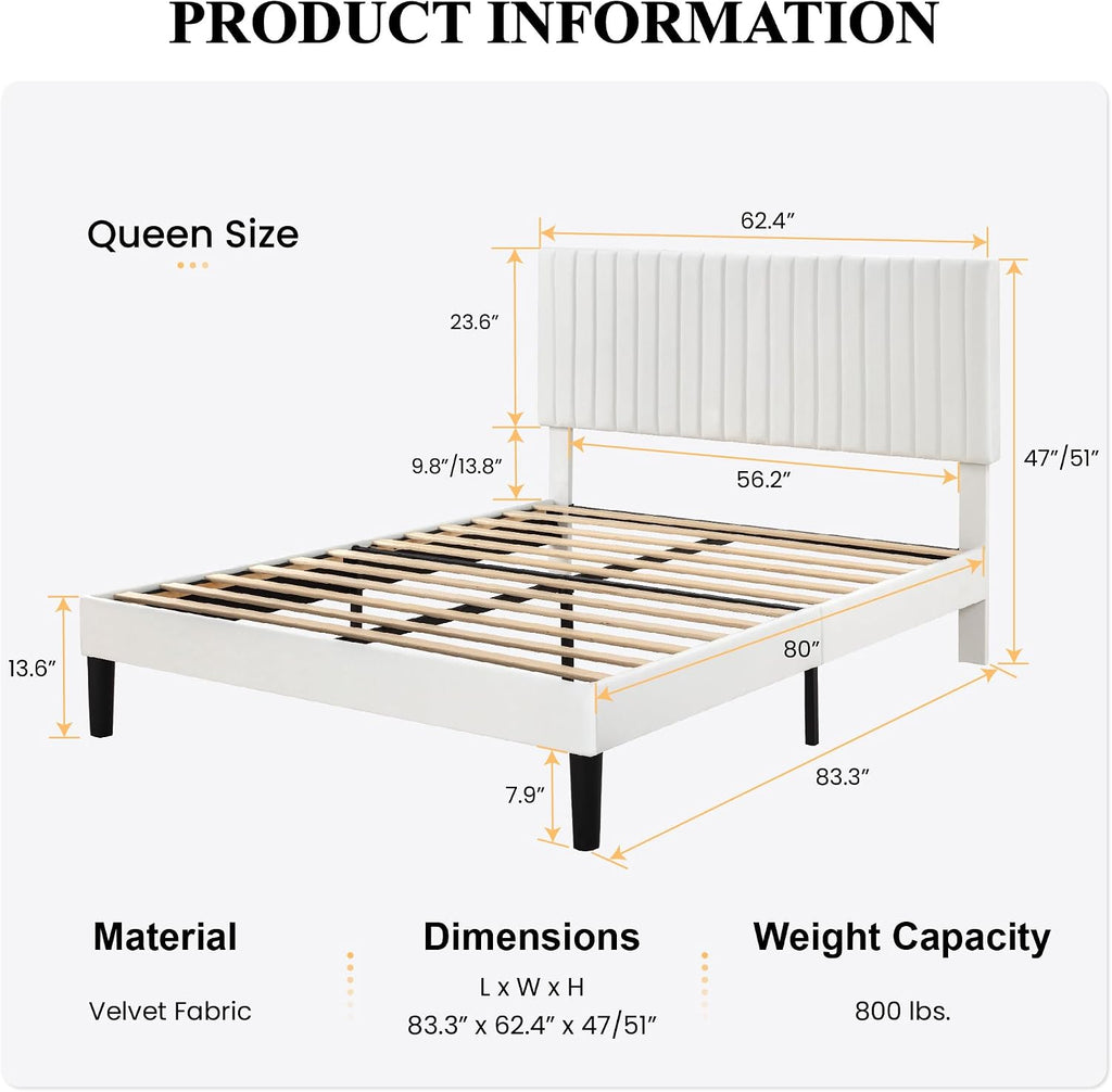 SHA CERLIN Queen Upholstered Platform Bed Frame with Vertical Channel Tufted Velvet Fabric Adjustable Headboard, Wooden Slats Support, Mattress Foundation, Box Spring Optional, White
