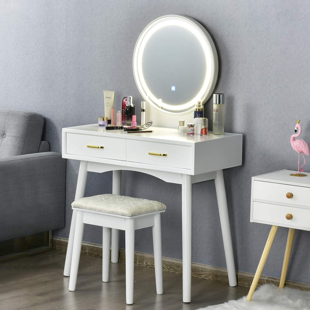 CHARMAID Vanity Set with Touch Screen Dimming Lighted Mirror, 3 Color Lighting Modes, Modern Bedroom Makeup Dressing Table with 2 Sliding Drawers and Cushioned Stool for Girls Women (White)