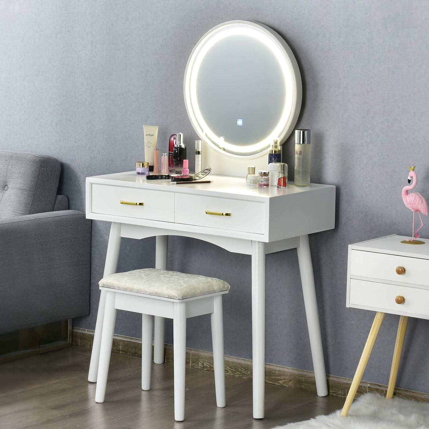 CHARMAID Vanity Set with Touch Screen Dimming Lighted Mirror, 3 Color Lighting Modes, Modern Bedroom Makeup Dressing Table with 2 Sliding Drawers and Cushioned Stool for Girls Women (White)