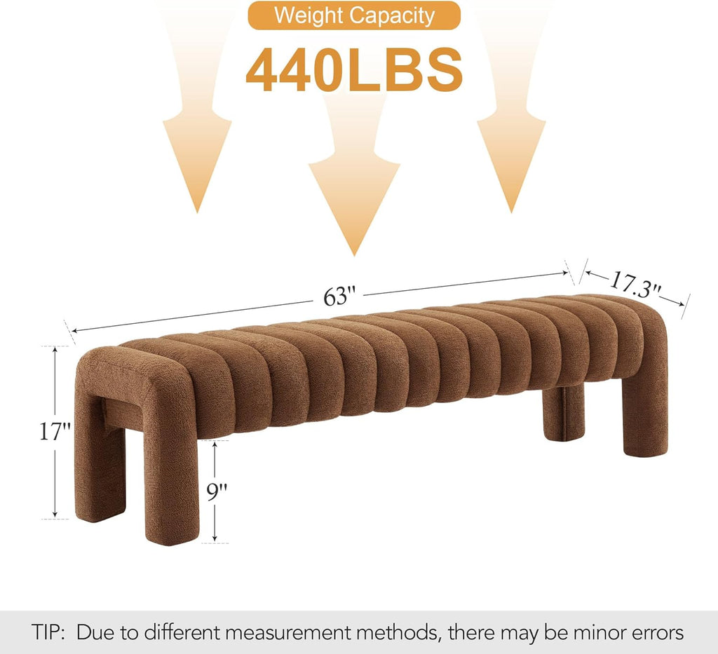 63' Upholstered Boucle Bench Bedroom, Padded King Size Long Ottoman Bench, Sherpa Window Seat for Living Room, Entryway, End of Bed, Rust Brown