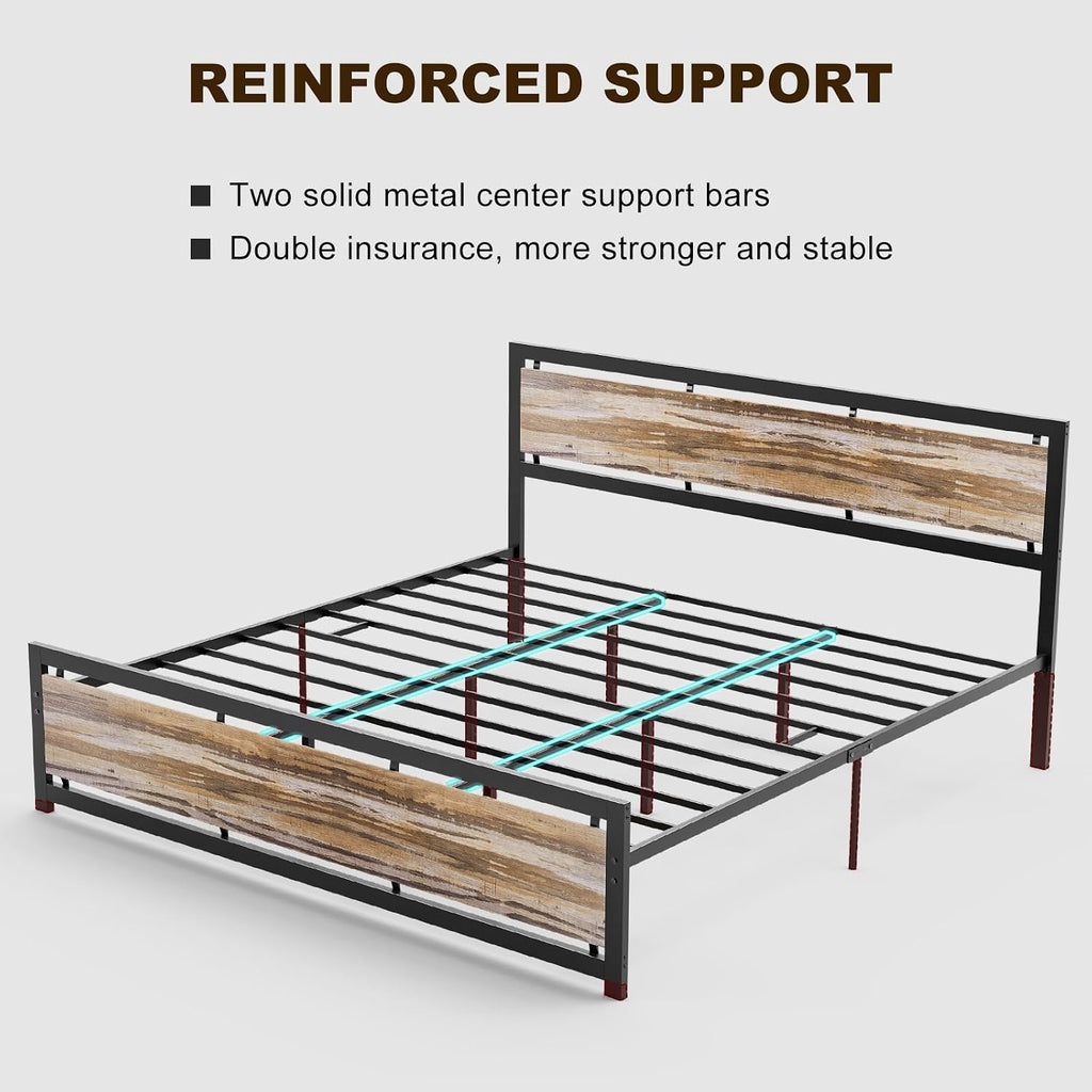 IKIFLY California King Size Metal Bed Frame/Industrial Cal King Platform Bed with Wooden Headboard Footboard/Heavy Duty Steel Slats Support/No Box Spring Needed（Cal King, Light Brown）