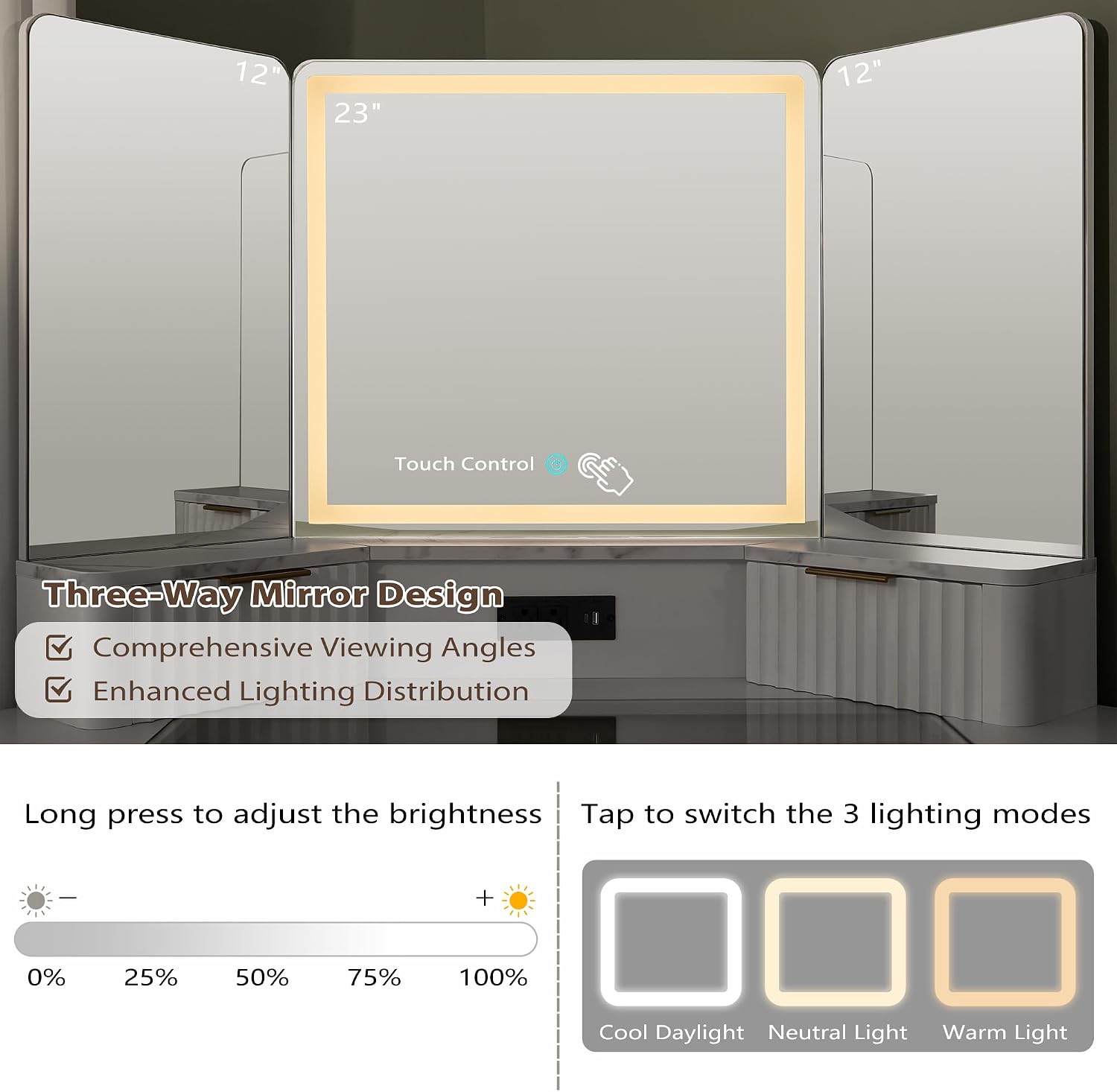 T4TREAM Fluted Makeup Vanity Desk with 3 Way Mirror and Lights, 48' Large Corner Vanity Table with Glass Top, Charging Station, 3 Drawers, Storage Cabinets & Shelves, for Bedroom, Solid White