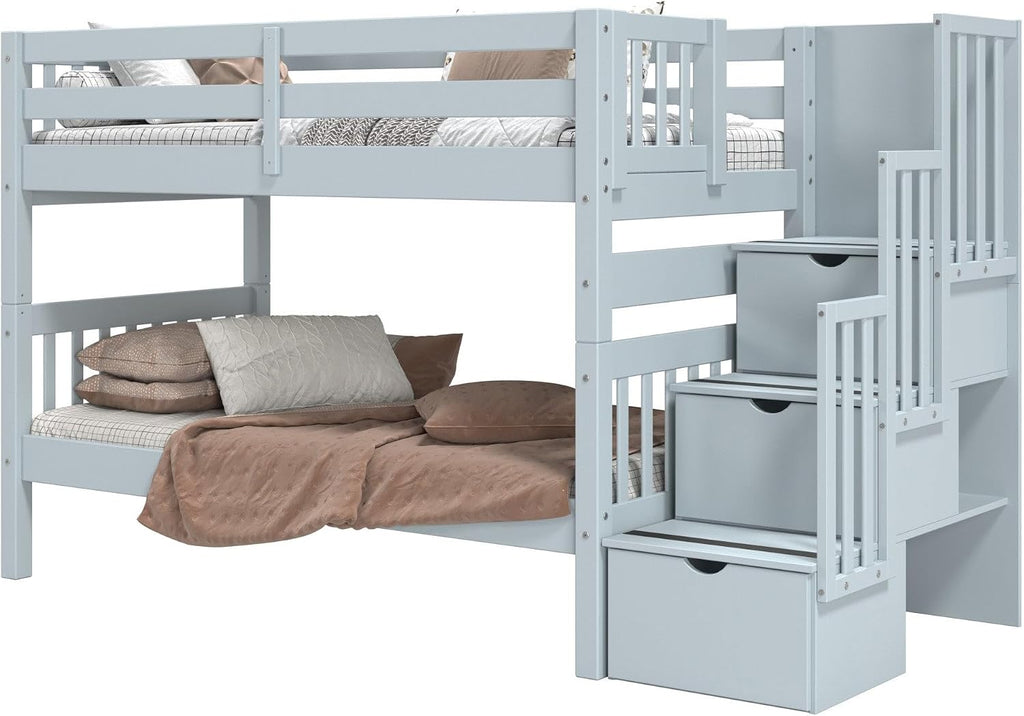 Bedz King Stairway Bunk Beds Twin Over Twin, 3 Step Drawers, Breezy Blue