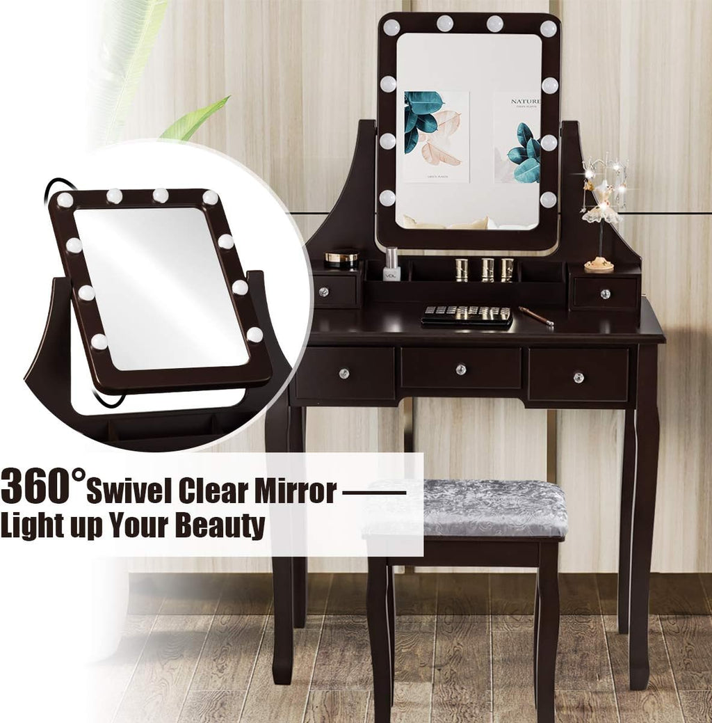 DORTALA Vanity Table Set w/ 360-Degree Rectangular Mirror & Cushioned Stool, Makeup Table w/ 10 LED Dimmable Bulbs, Bedroom Wood Dressing Table w/ 5 Drawers & Removable Box Organizer, Brown