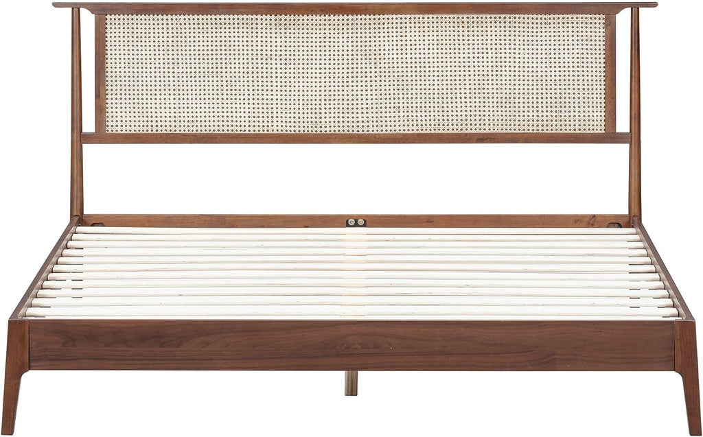 NTC Ruby Wooden Bed Frame with Headboard and Natural Rattan, Solid Oak/Rubber Wood Foundation with Silent Slats, 1000 Lb Capacity, Effortless Assembly (Natural Cane - Dark Walnut, King)