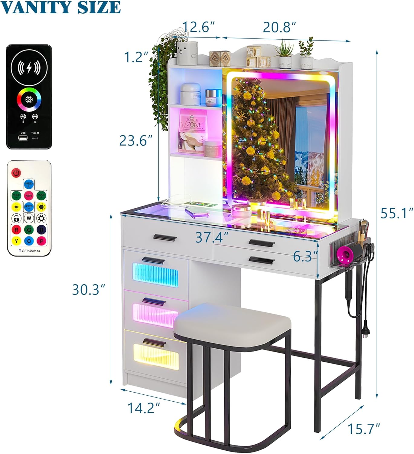 WOOVIVS Glass Top Vanity with LED Mirror, 6 Drawer Dresser with Charging Station for Bedroom, Small Makeup Vanitys Table with RGB Light, Vanity Set with Chair,Jewelry Organizer for Girls-White