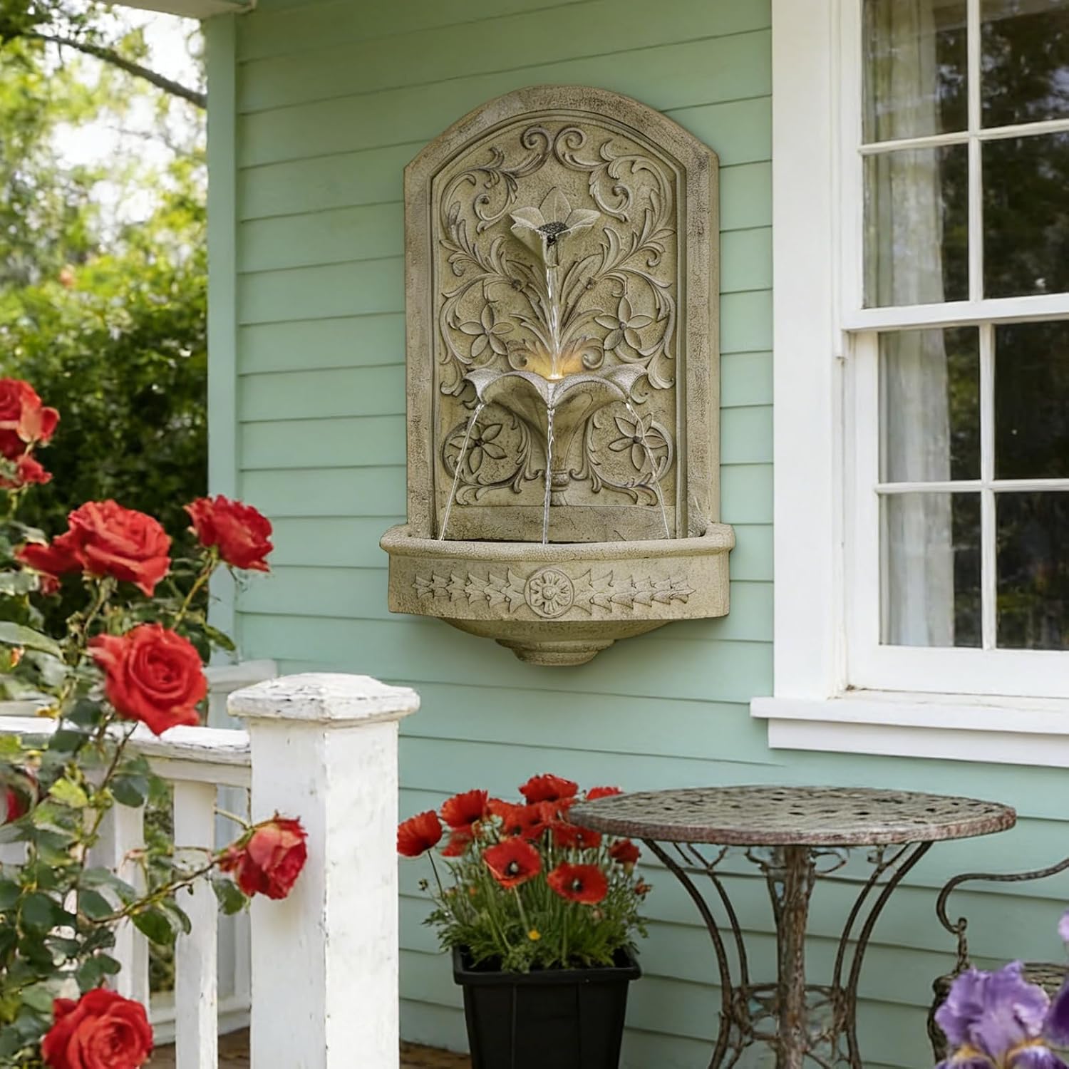 Vintage Wall-Mounted Outdoor Fountain, 28.3' H Resin Garden Water Feature with Floral Carving, Decorative Antique Wall Waterfall for Patio, Yard, Porch & Home Décor