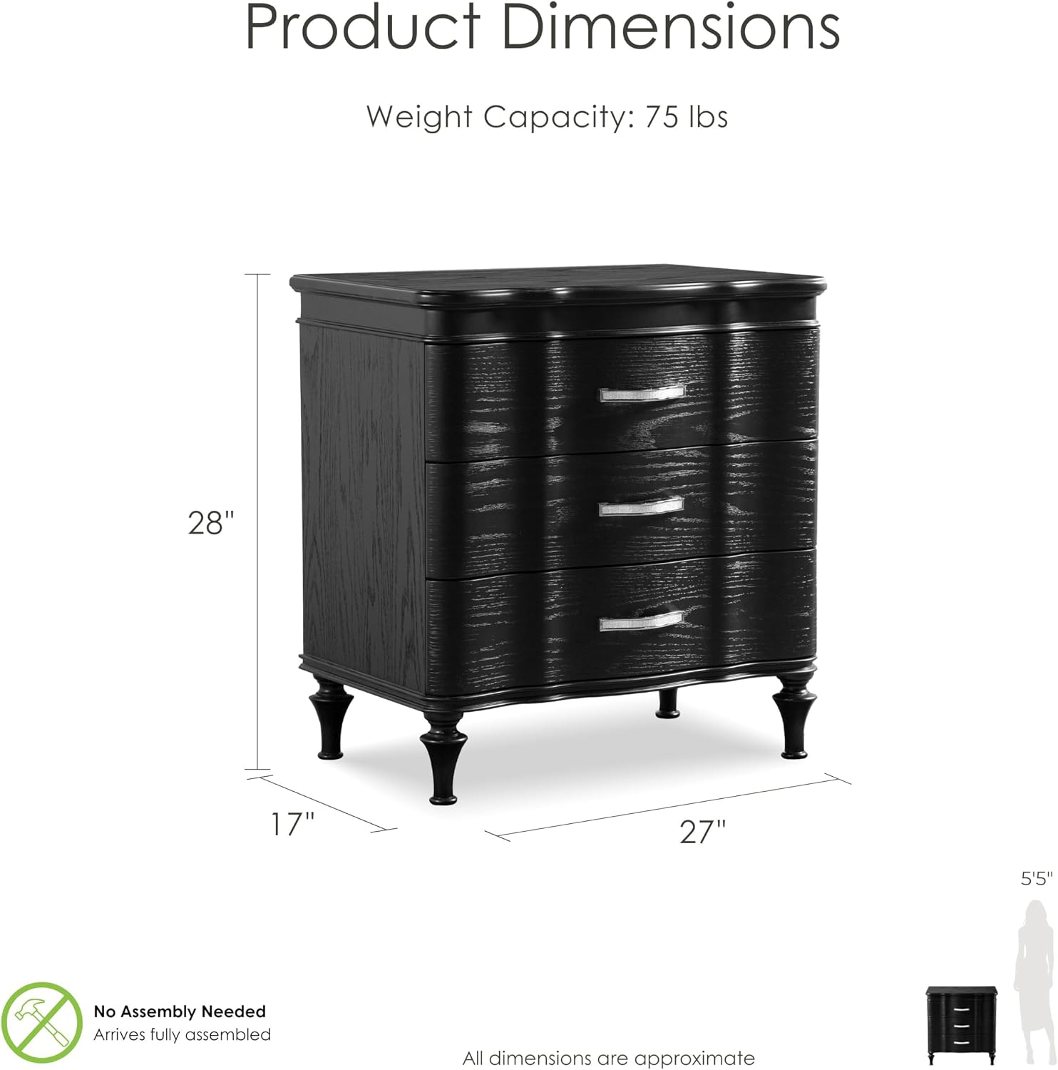 Furniture of America Seabliss Glam Solid Wood 3-Piece Bedroom Collection with Bed Frame and 3-Drawer Nightstands Set of 2, Box Spring Required, Black, Queen
