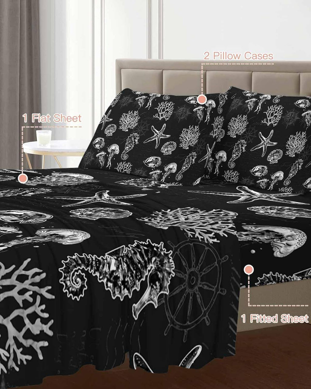 Black Coastal Cal King Sheet Set 4 Piece Bedding - Nautical Starfish Jellyfish Seahorse Breathable Comfy Cooling Bed Sheets & Pillowcase Sets,Hotel Luxury Flat Sheets Deep Pockets Fitted Sheet