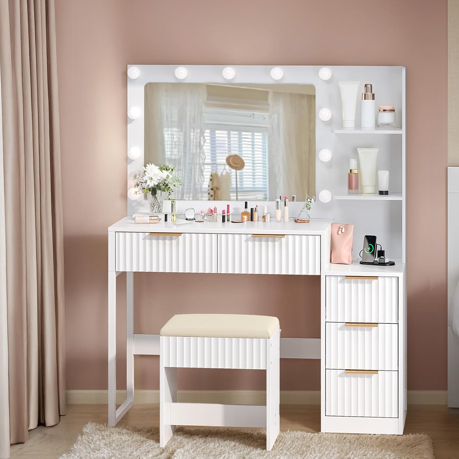 Karl home Fluted Vanity Desk with Mirror and Adjustable LED Lights, Makeup Vanity Table Set with 5 Drawers & Storage Shelves, Dressing Table with Charging Station & Stool for Women Bedroom, White