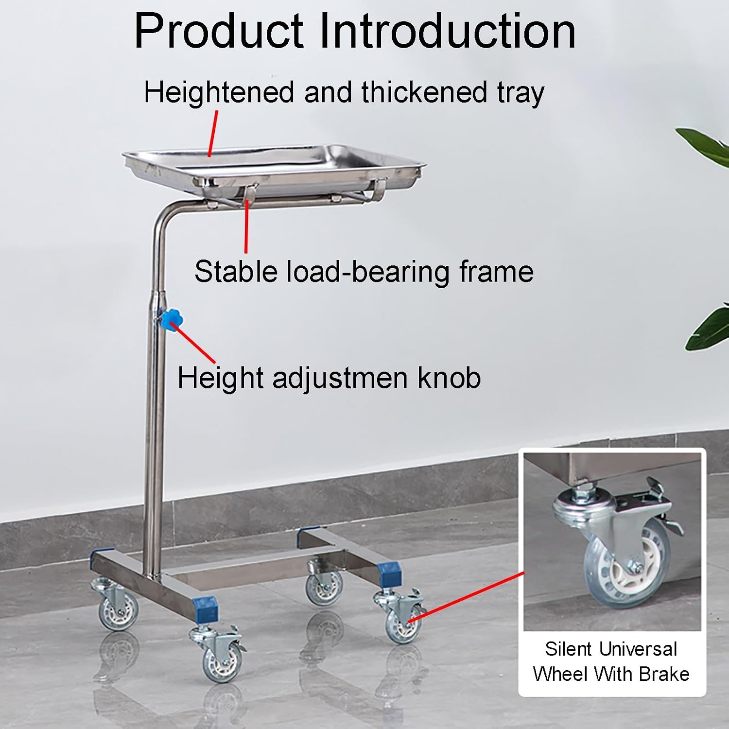 Mayo Instrument Stand with Mobile Caster Base, Adjustable Height 31.5'-43.3', for Clinic, Beauty, Salon, Medical, Dental, Tattoo(60x40x(80-110) cm)
