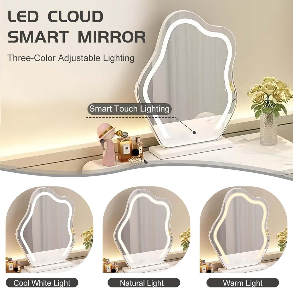 Floating Vanity Makeup Table White Wall Mounted Dressing Table Dresser With Mirror Floating Corner Desk For Bedroom Hanging Desk With Drawers Small Space Vanity With Lighted Mirror Shelf Wall-mounted(