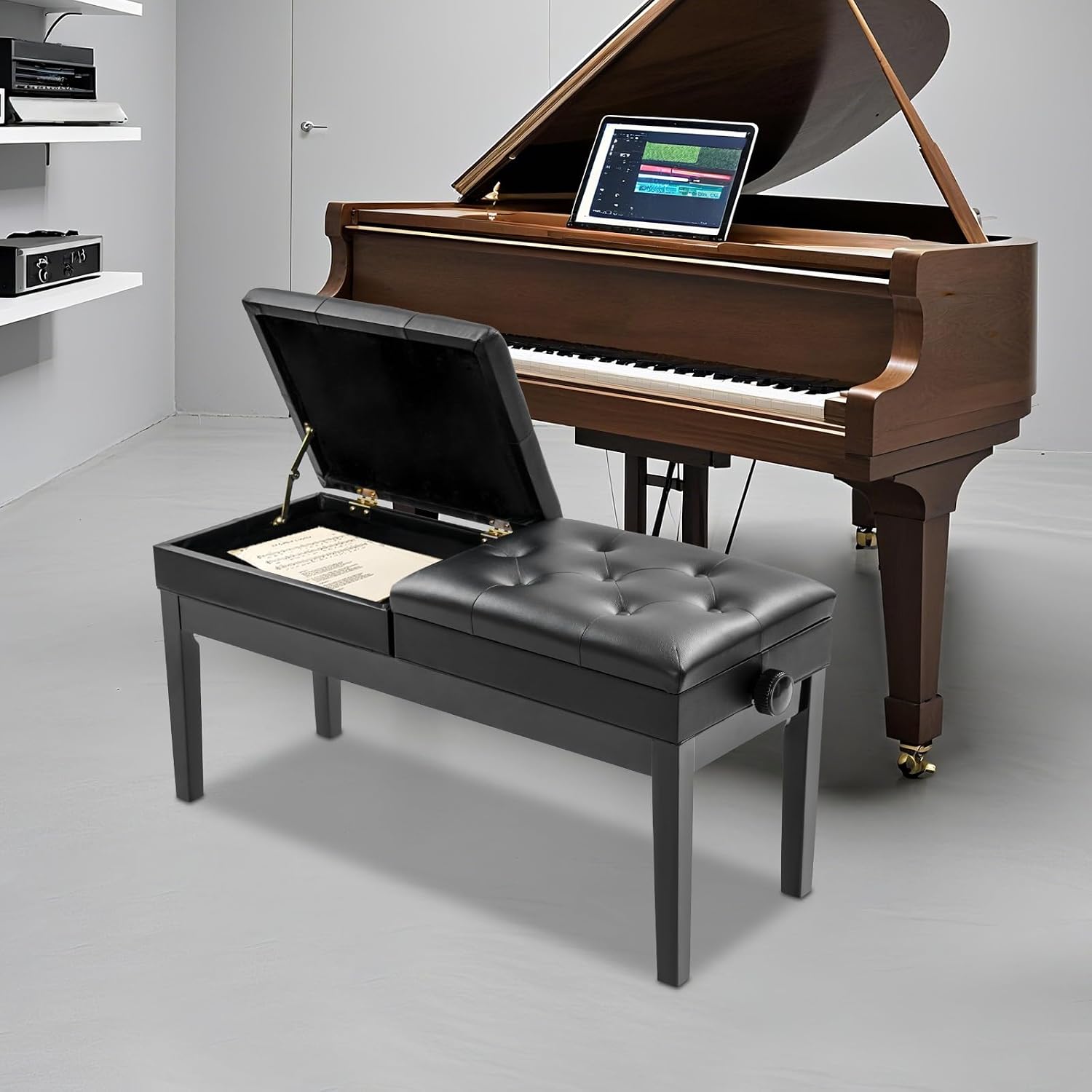 AngelcityCC Longer Duet Piano Bench with Storage, Adjustable Height Double Keyboard Piano Bench Seat with PU Leather Cushion