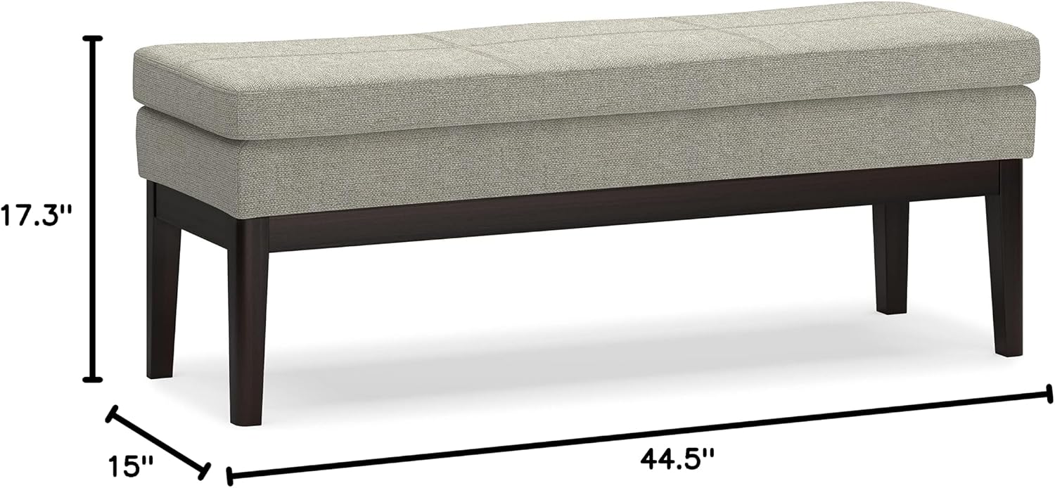 SIMPLIHOME Carlson Ottoman Bench - 45 inch Wide Upholstered Vegan Leather Rectangle Ottoman in Greige, Mid Century Modern Bench for Bedroom, Entryway or Living Room with Padded Seat