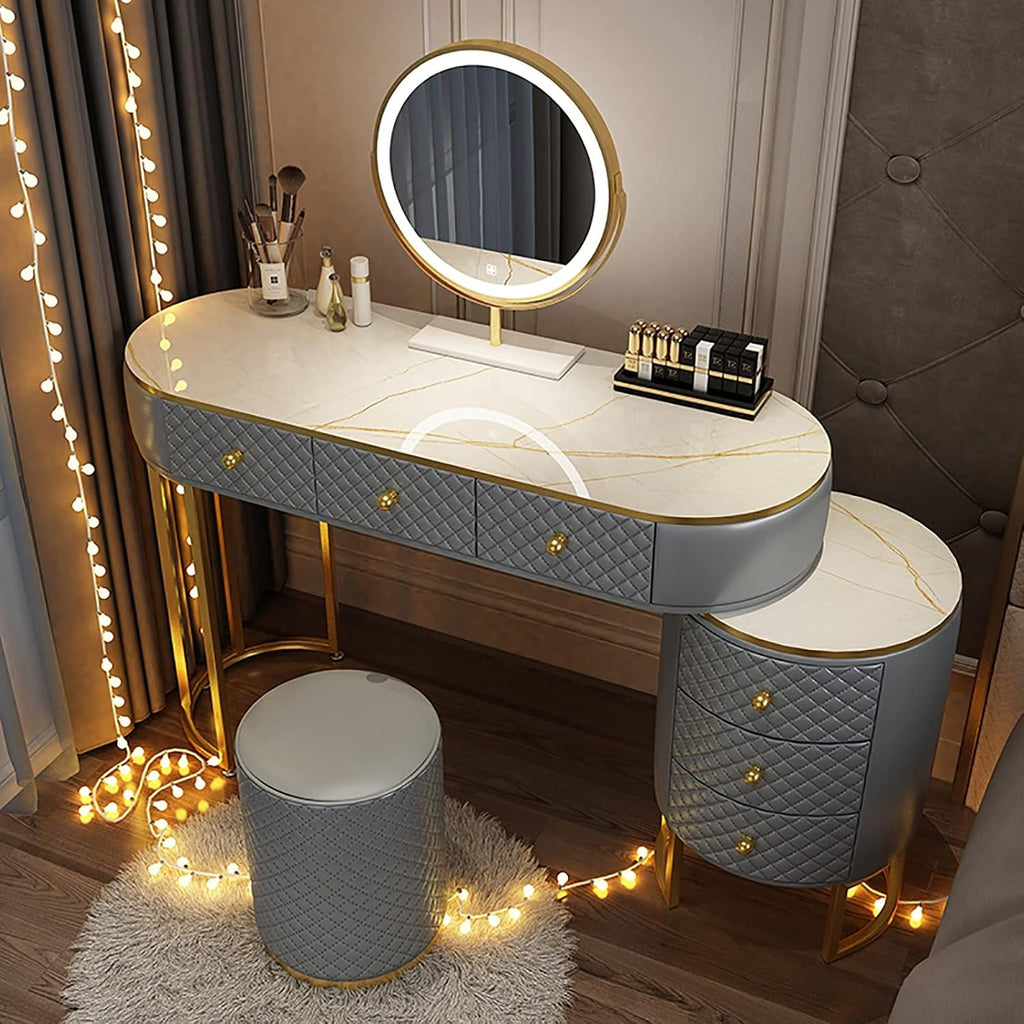 Corner Makeup Table Set Makeup, Women Dresser Table Vanity with 5-6 Drawers, Vanity Dressing Table with 360° Rotating Mirror, Makeup Vanity Benches Vanity Desk ，120cm Grey Round Stool