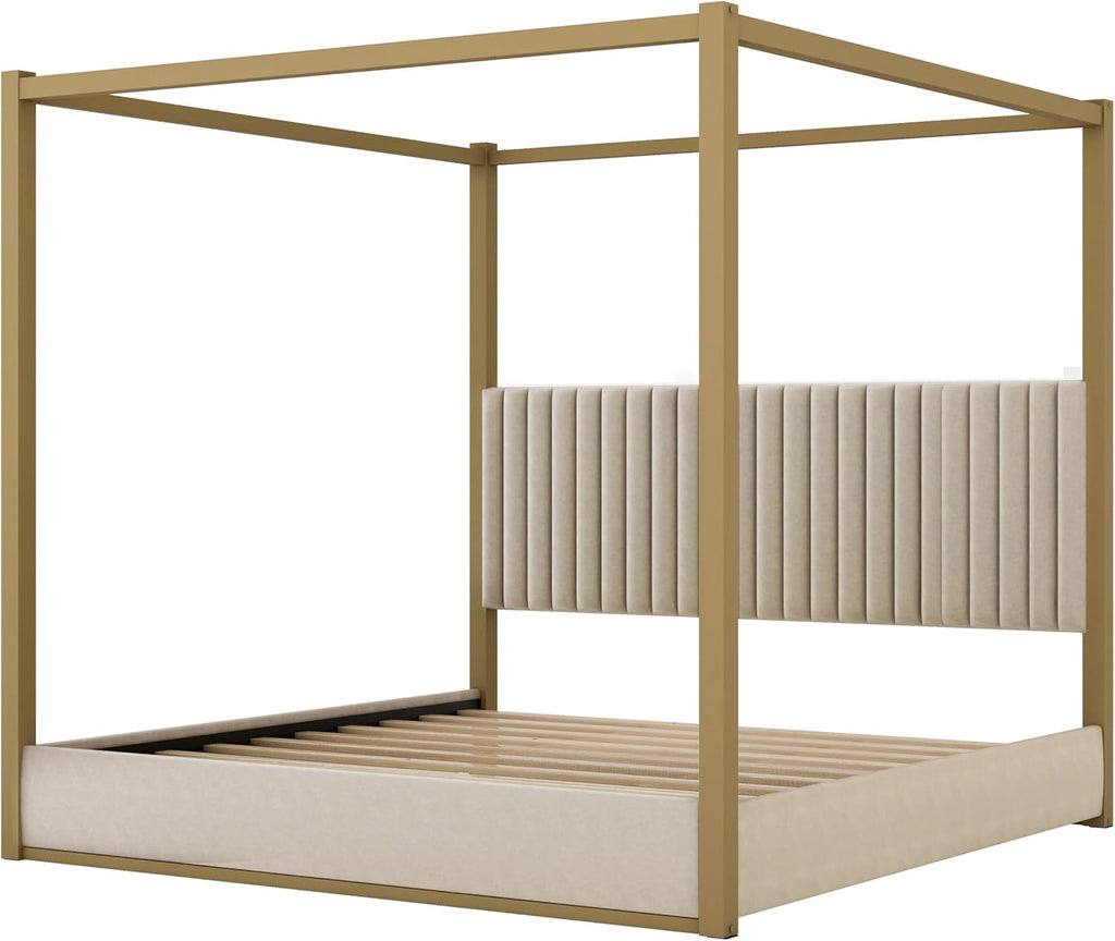 Modern 4-Poster Canopy Platform Bed King Size with Channel Upholstery Tufted Headboard, Gold Metal Canopied Design Platform Bed Frame with Strong Slats Support (Beige-1.20)